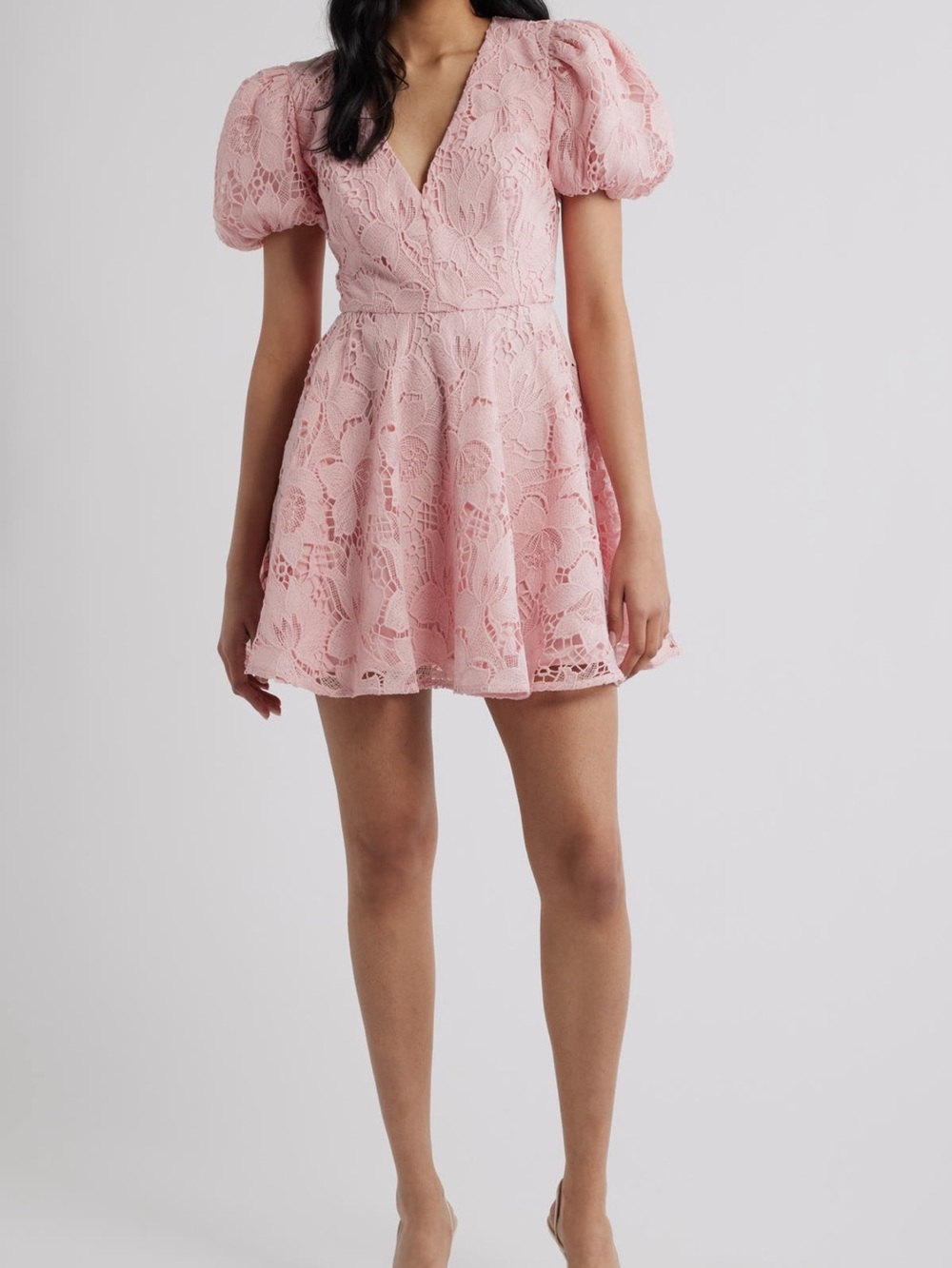 Puff-Sleeve Pink Lace Mini Dress